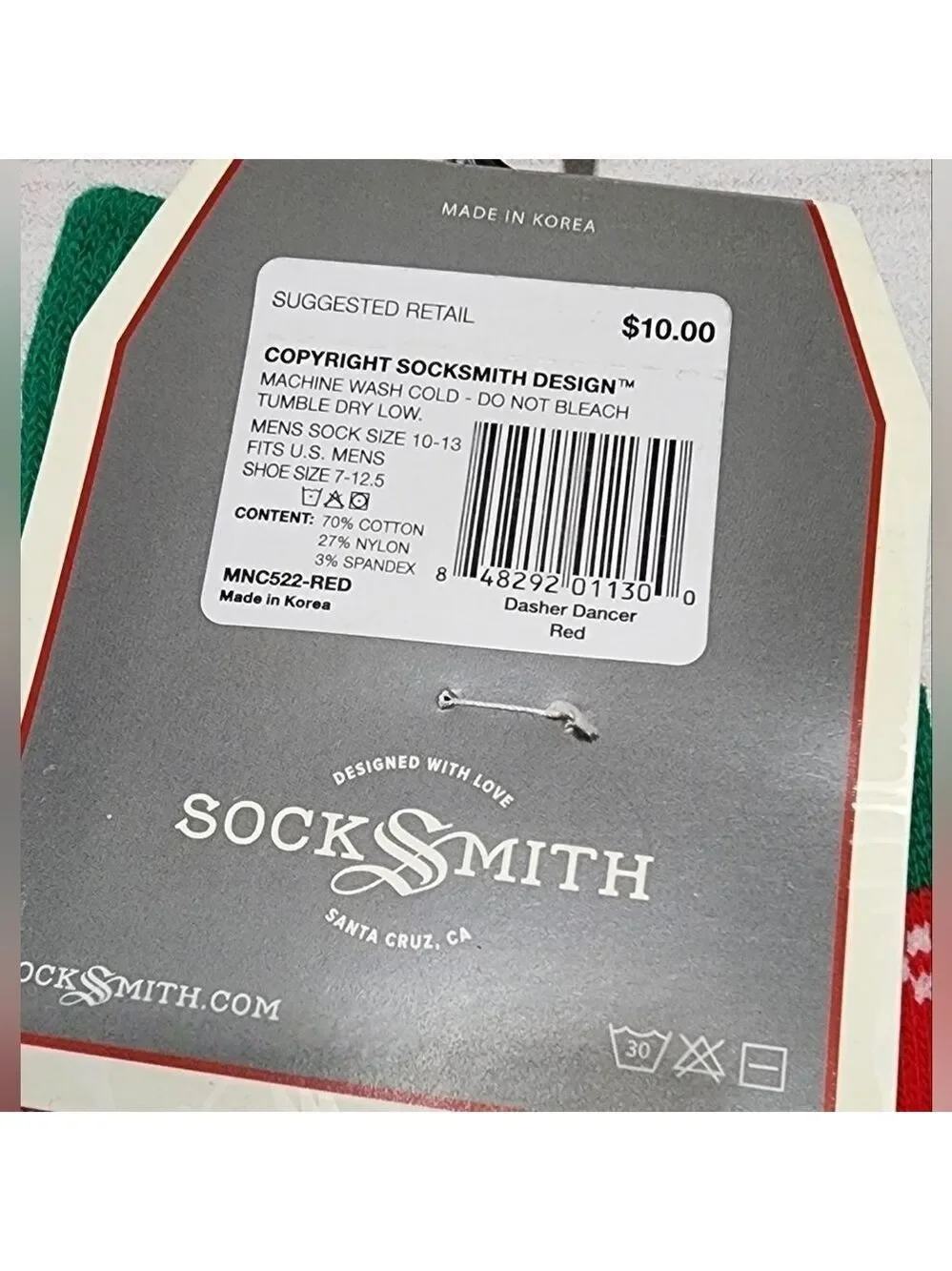 Socksmith Men's Christmas Reindeer Socks Fits Sock Size 10-13 - New With Tags